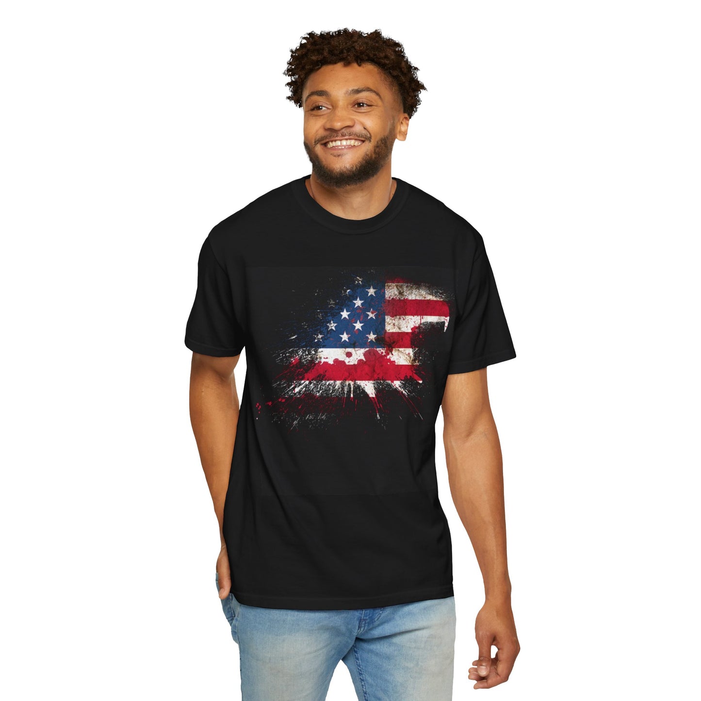 Unisex Garment-Dyed T-shirt featuring a distressed American flag design on a black background.