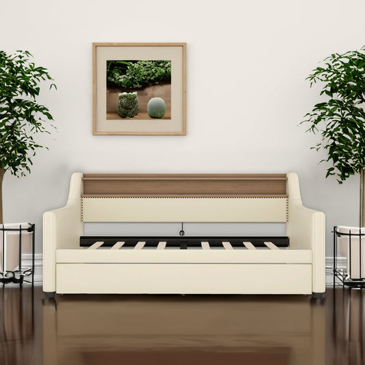 Twin Size Daybed with Trundle, Upholstered Daybed with Charging Station