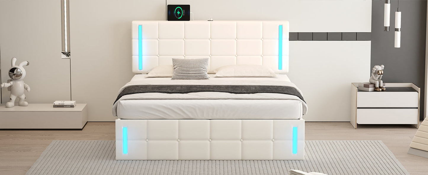 Queen Size Upholstered Bed with LED Lights, Hydraulic Storage System