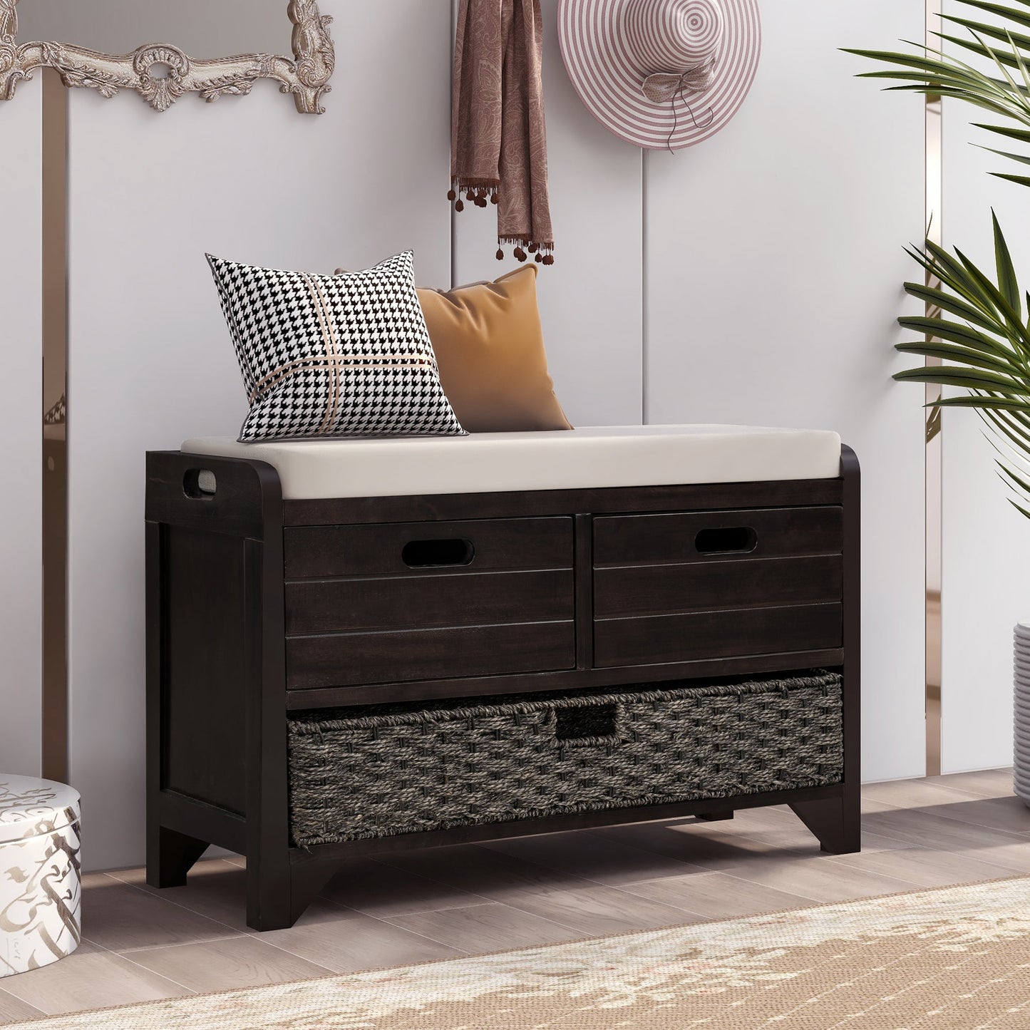 TREXM Storage Bench with Removable Basket and 2 Drawers
