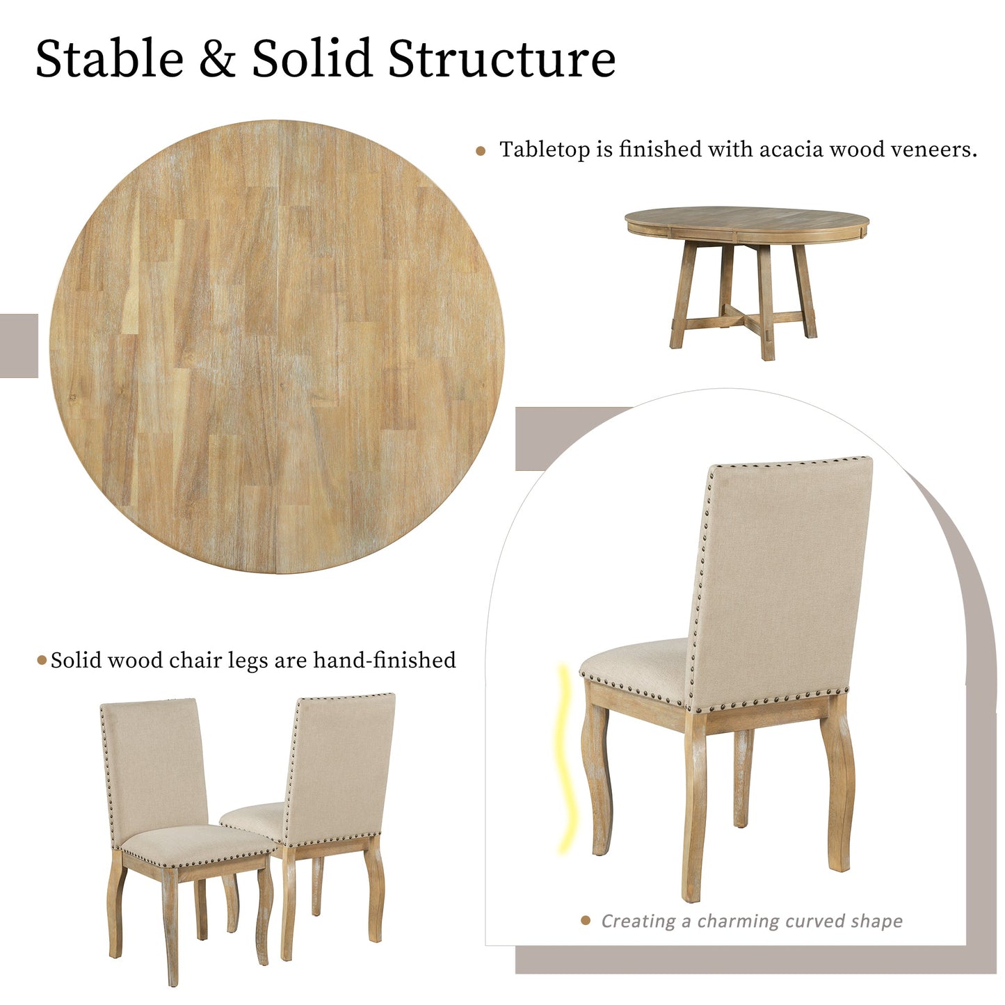 TREXM 5-Piece Farmhouse Dining Table Set Wood Round Extendable Dining Table