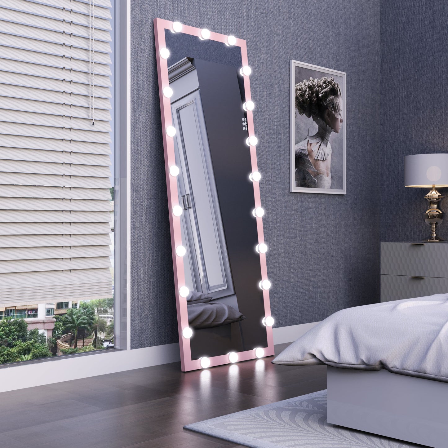 62.6-inch x 23.3-inch pink Hollywood illuminated full body vanity mirror with 3 colors