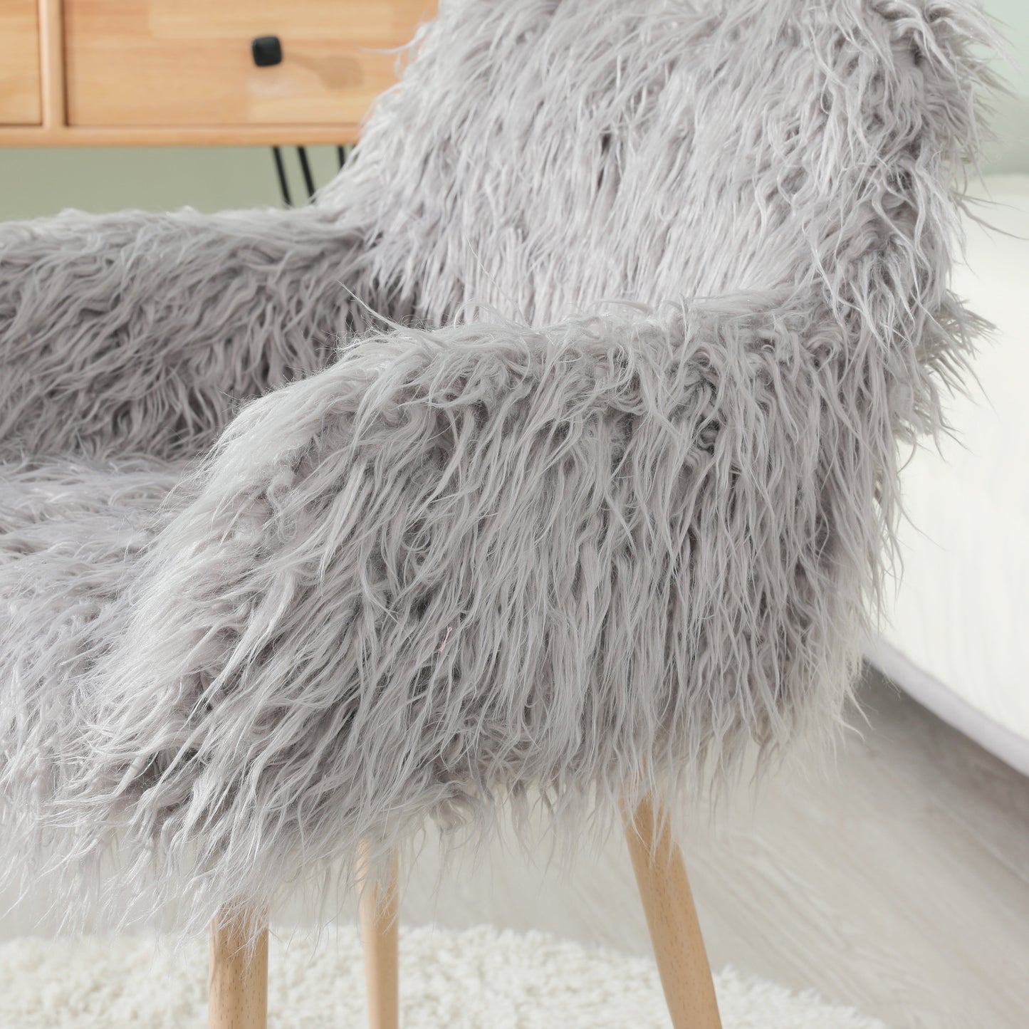 GREY Faux Fur Upholstered Make up chair Side Dining Chair with Metal Legs