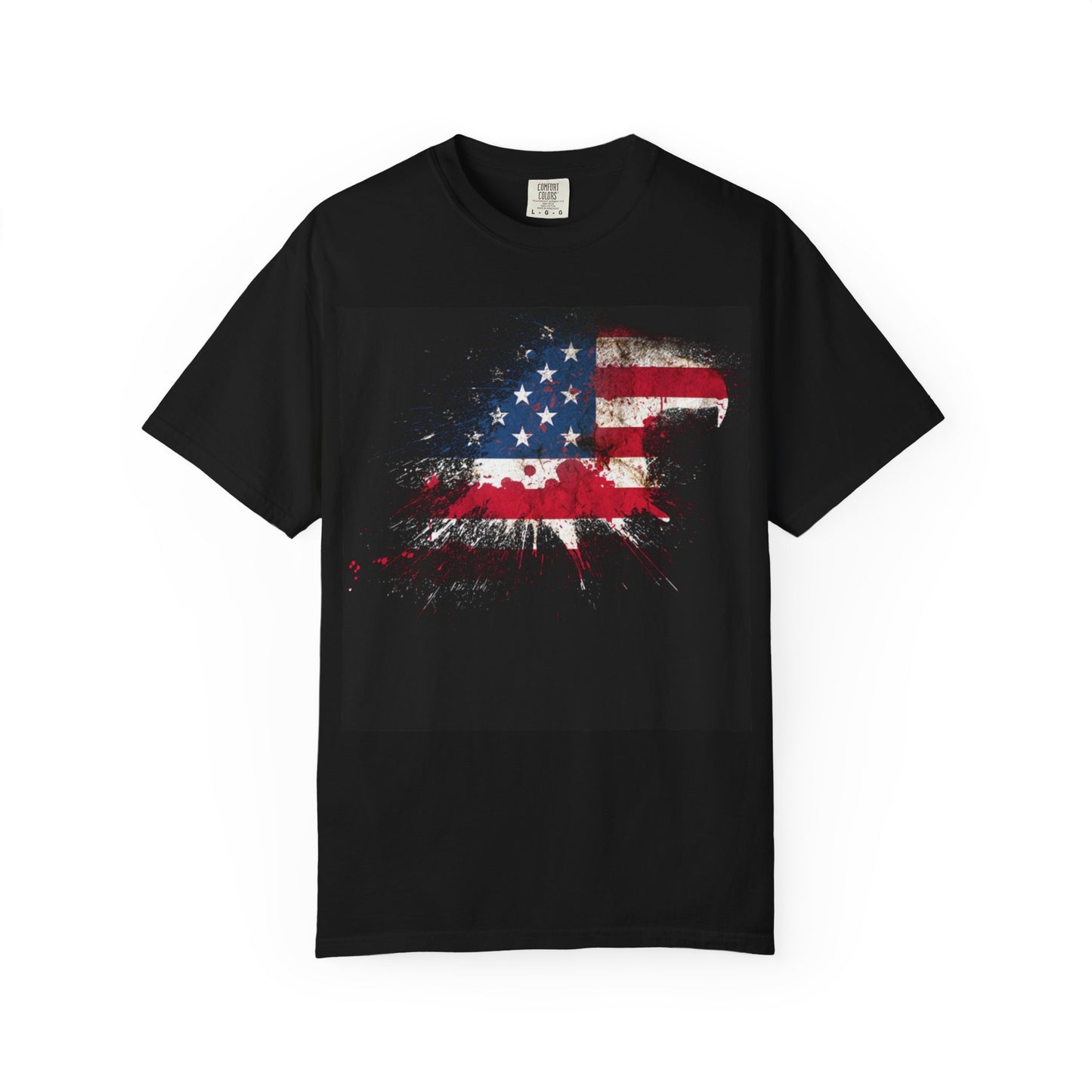 Unisex Garment-Dyed T-shirt featuring a distressed American flag design on a black background.