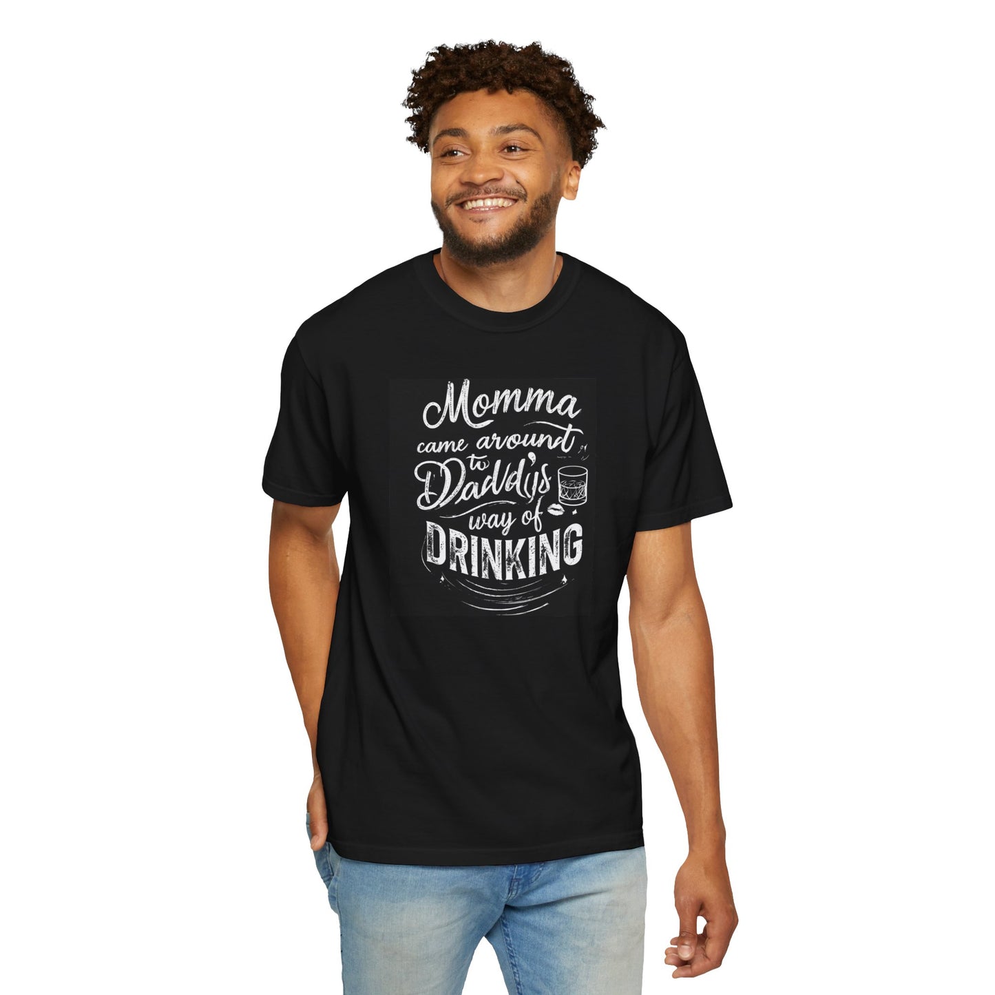 Unisex Drinking T-shirt in black featuring a playful quote about drinking, modeled by a smiling man.