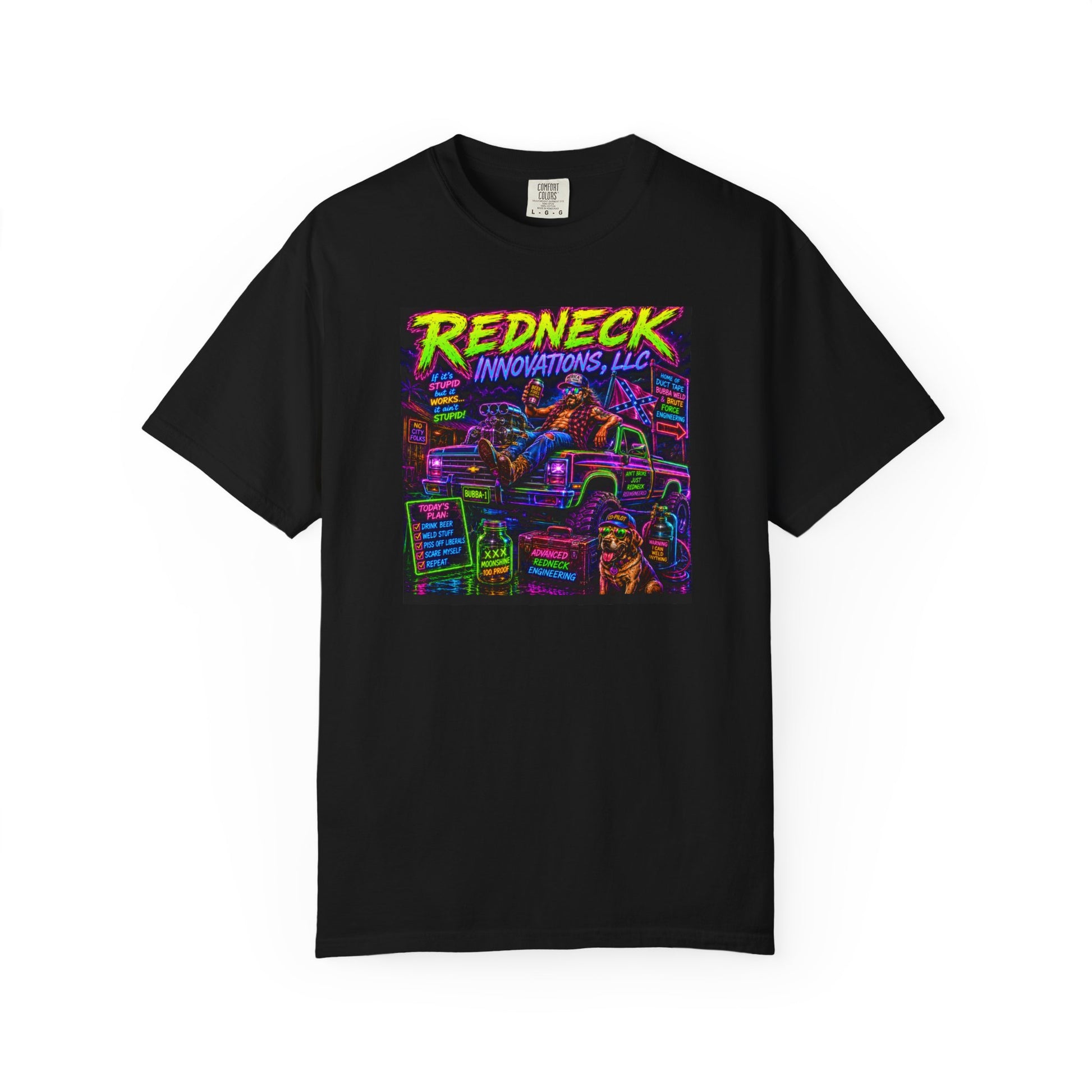 Vintage Garment-Dyed T-Shirt #12 in black featuring a colorful graphic of a truck and "Redneck Innovations, LLC" text.