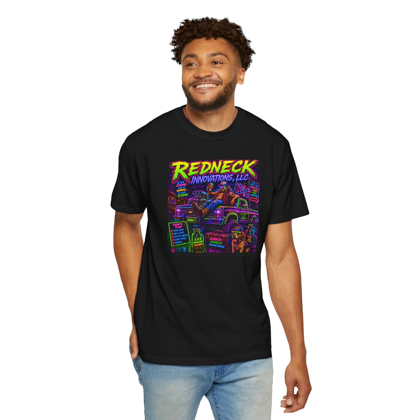 Vintage Garment-Dyed T-Shirt #12 in black featuring colorful "Redneck Innovations, LLC" graphic on the front.