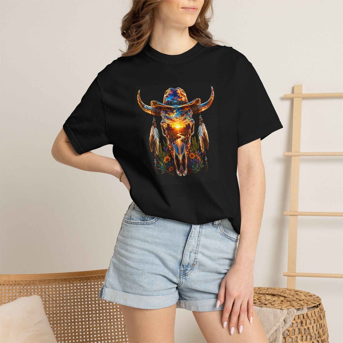 Bull Skull Graphic T-Shirt — Neon Western Skull Tee