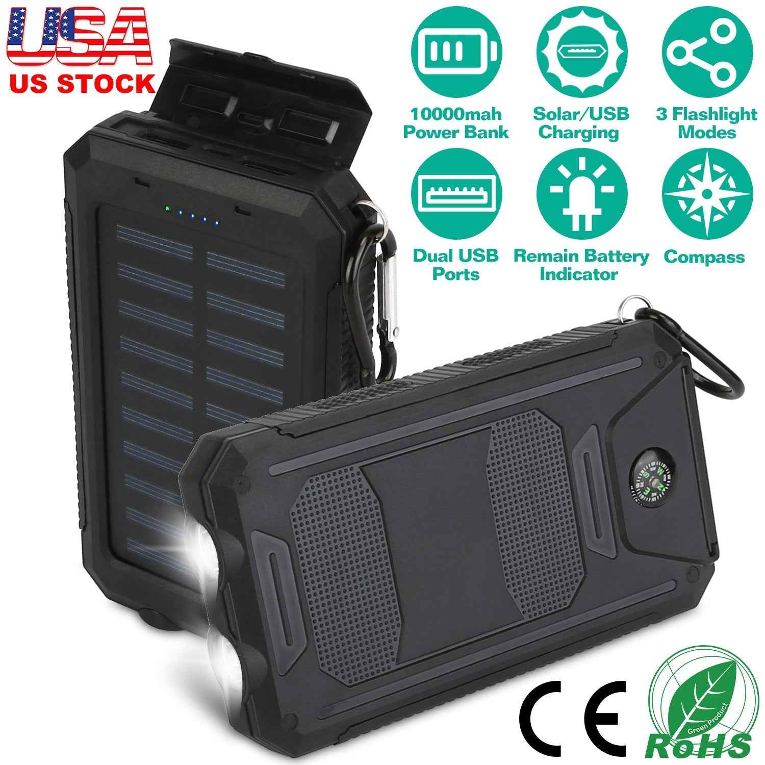 Solar Power Bank with Dual USB Ports and Compass