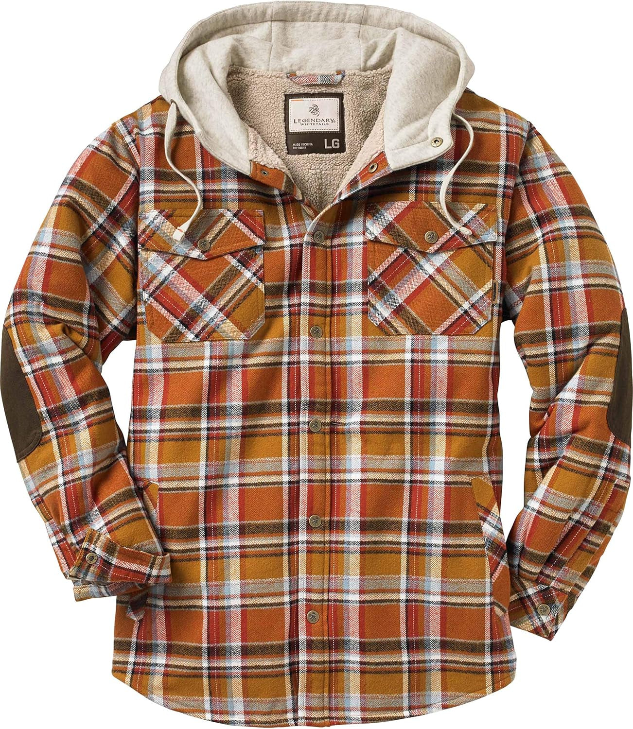 Men'S Hooded Shirt Jacket Plaid Flannel Berber Lined Polyfill Insulated