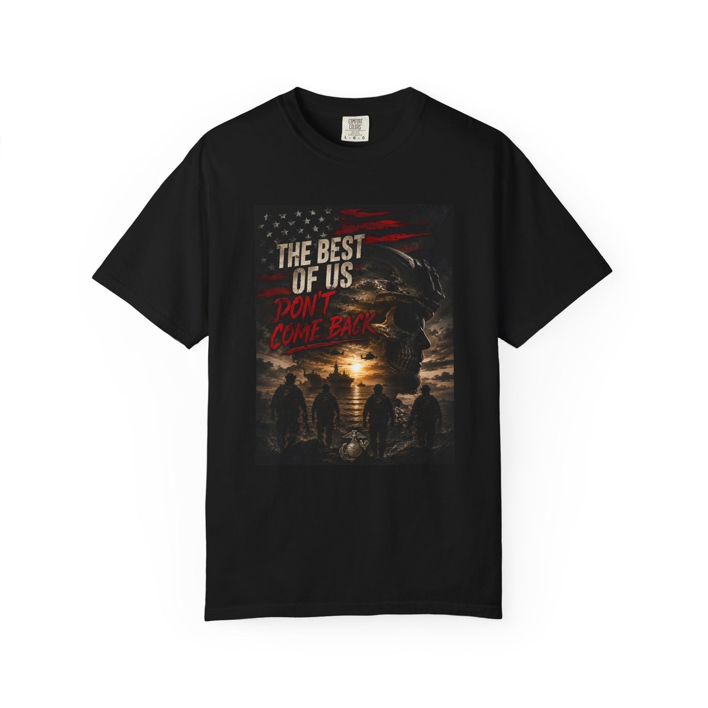 Vintage Garment-Dyed Tee #15 featuring a skull graphic with soldiers and text on a black background. Stylish for any occasion