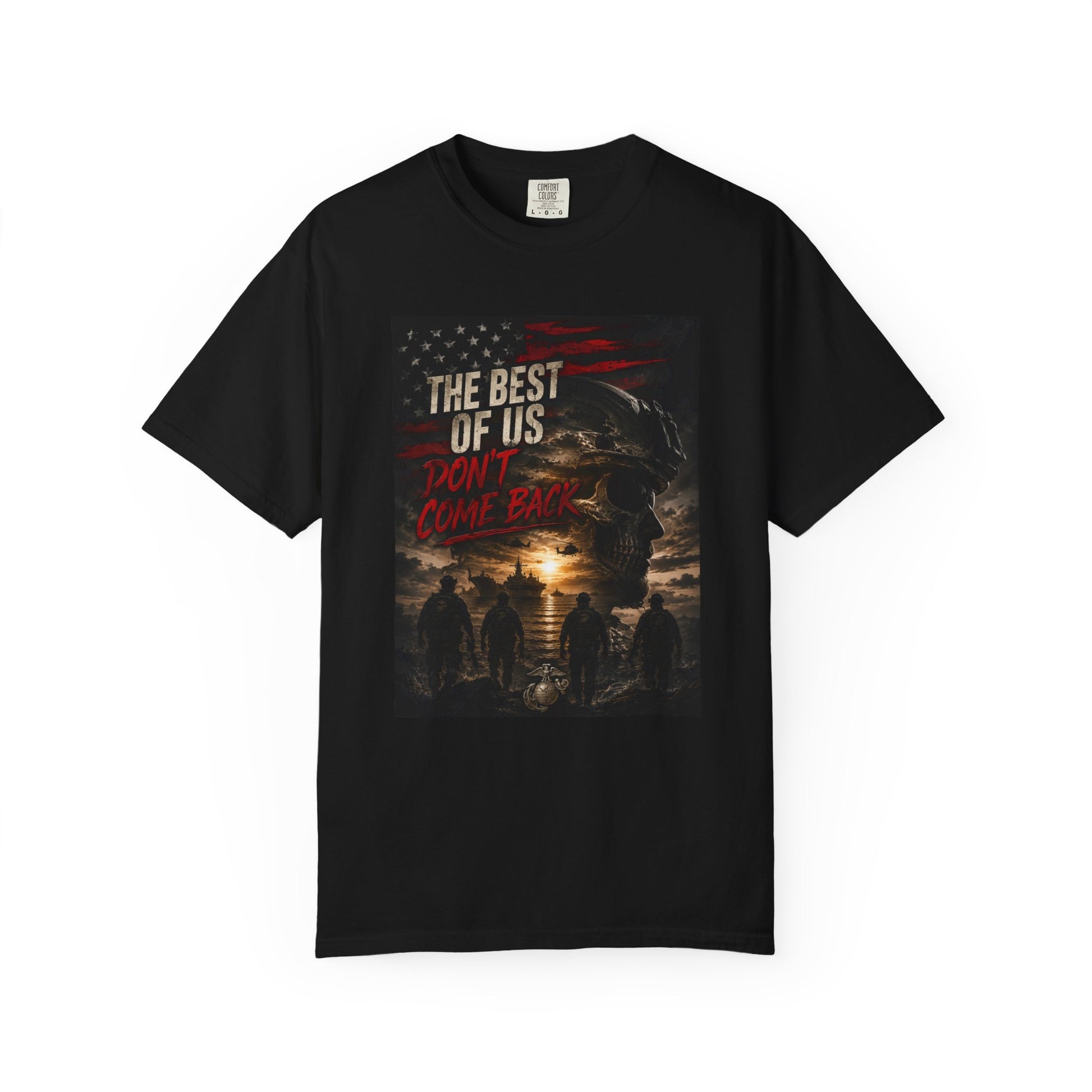 Vintage Garment-Dyed Tee #15 featuring a skull graphic with soldiers and text on a black background. Stylish for any occasion