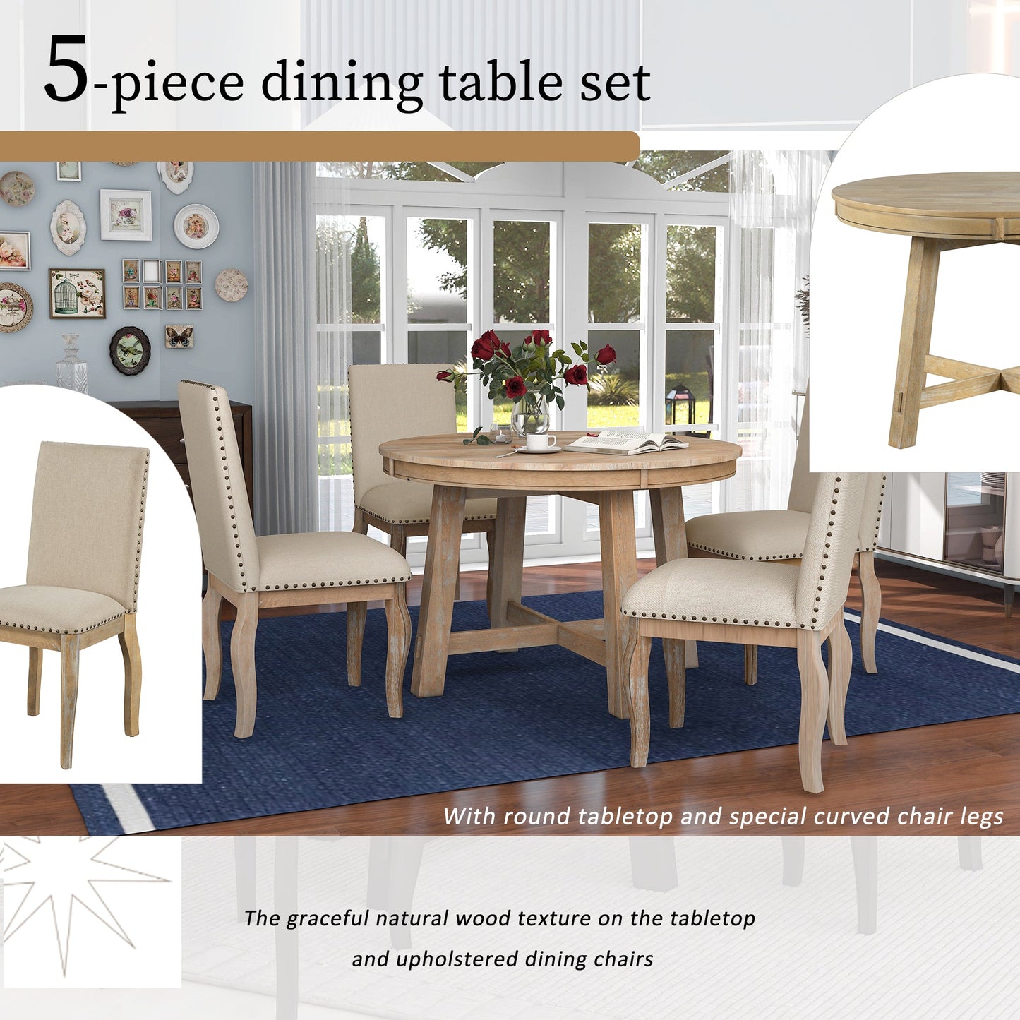 TREXM 5-Piece Farmhouse Dining Table Set Wood Round Extendable Dining Table
