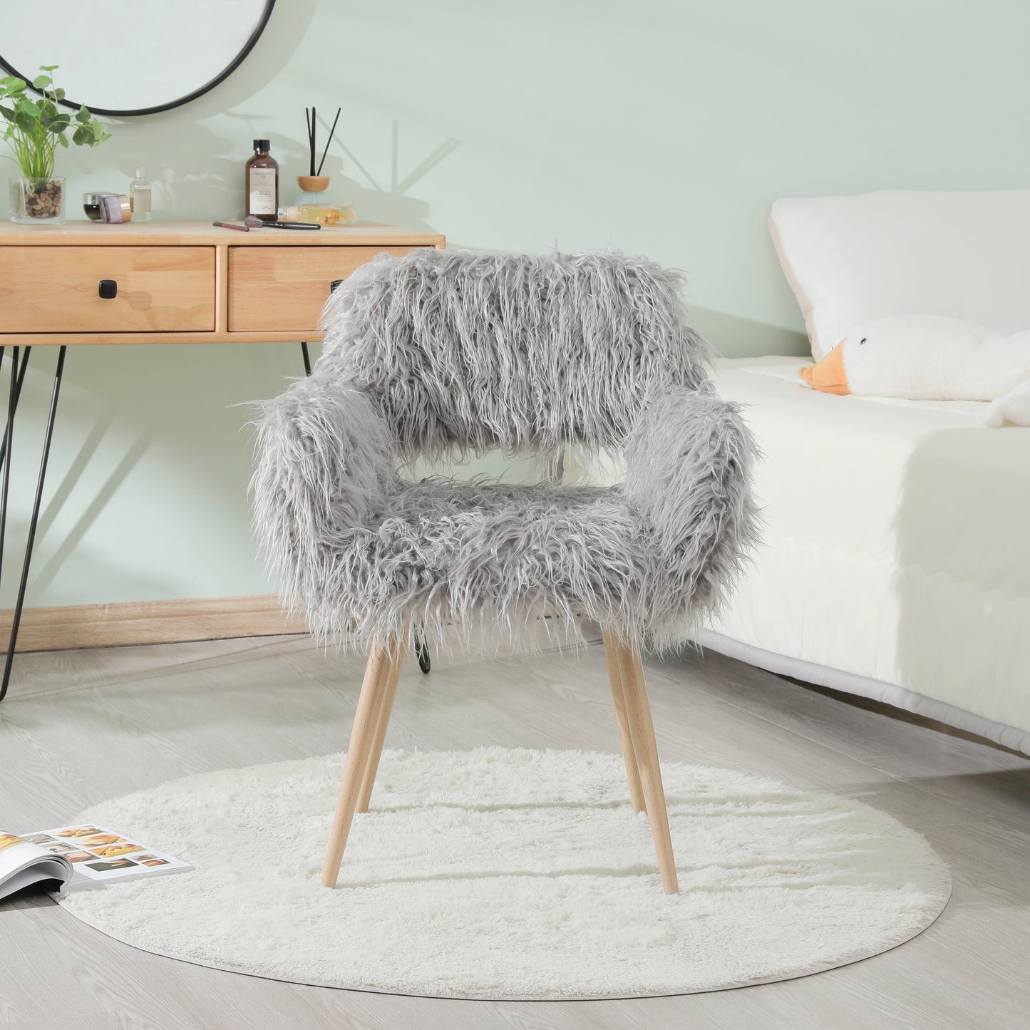 GREY Faux Fur Upholstered Make up chair Side Dining Chair with Metal Legs