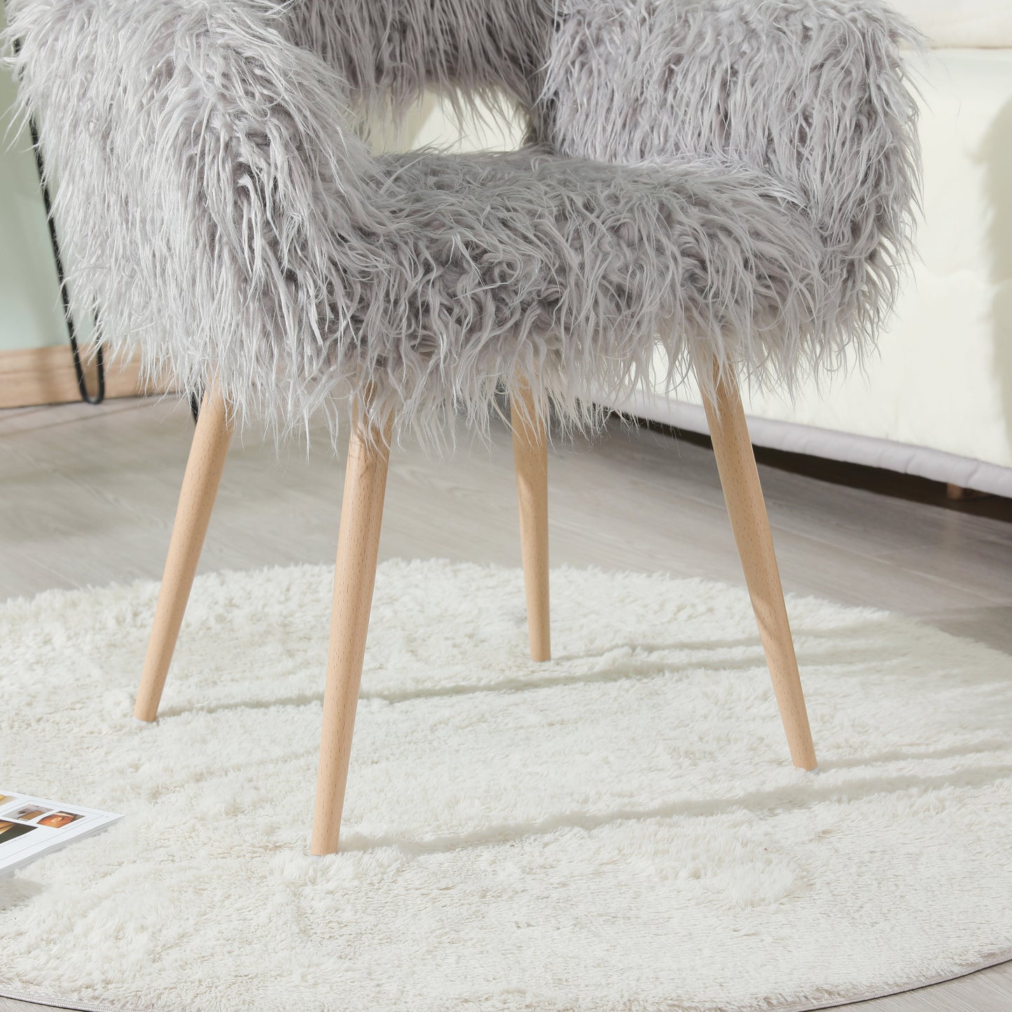 GREY Faux Fur Upholstered Make up chair Side Dining Chair with Metal Legs