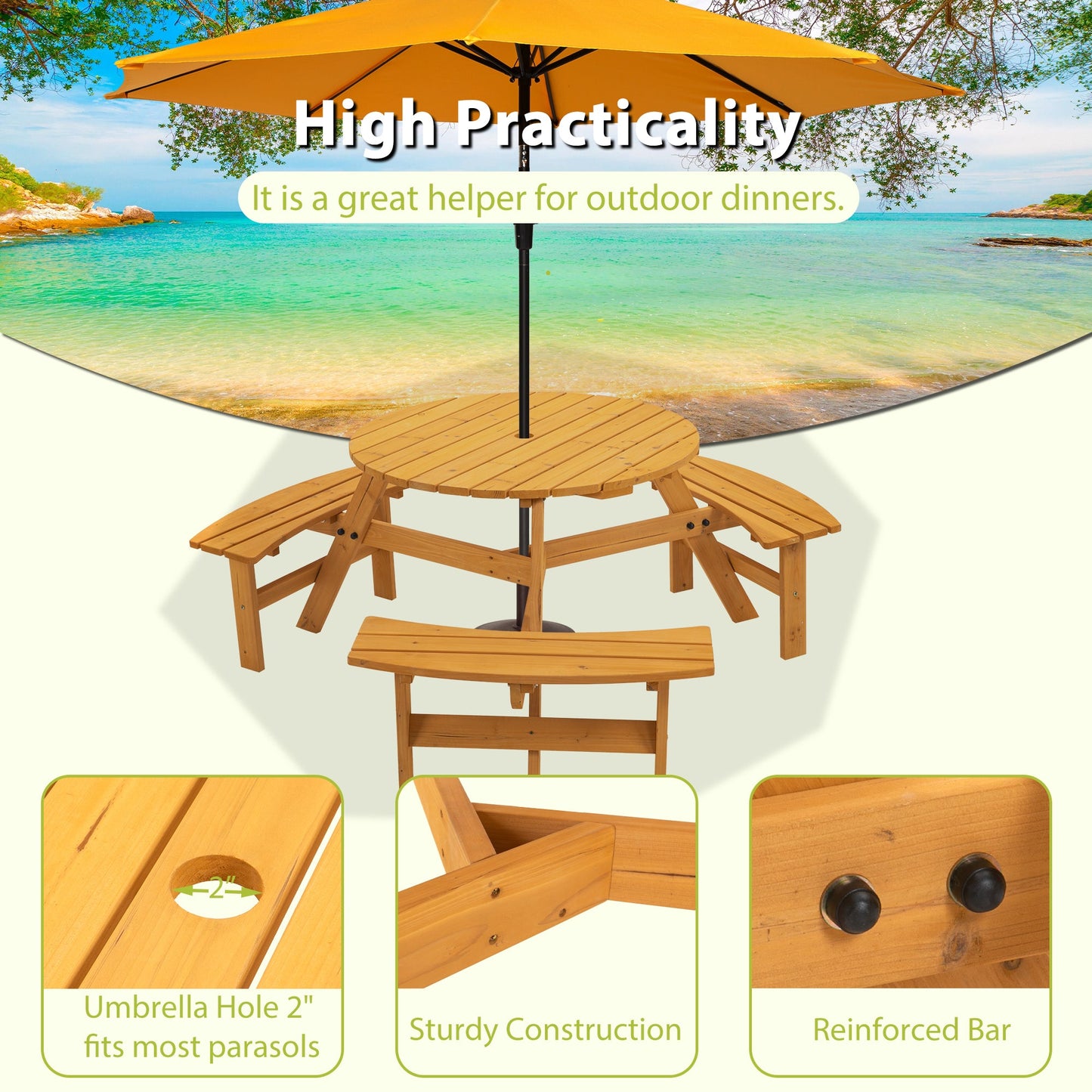 6-Person Circular Outdoor Wooden Picnic Table for Patio