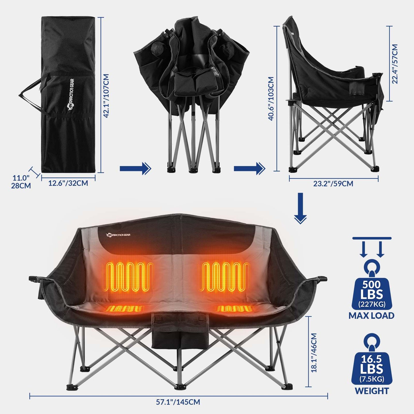 ANTARCTICA GEAR Heated Double Camping Chair, 2-Person Chair