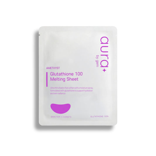Glutathione 100 Melting Sheet by aura, featuring a sleek white packaging with purple accents, designed for skin hydration and