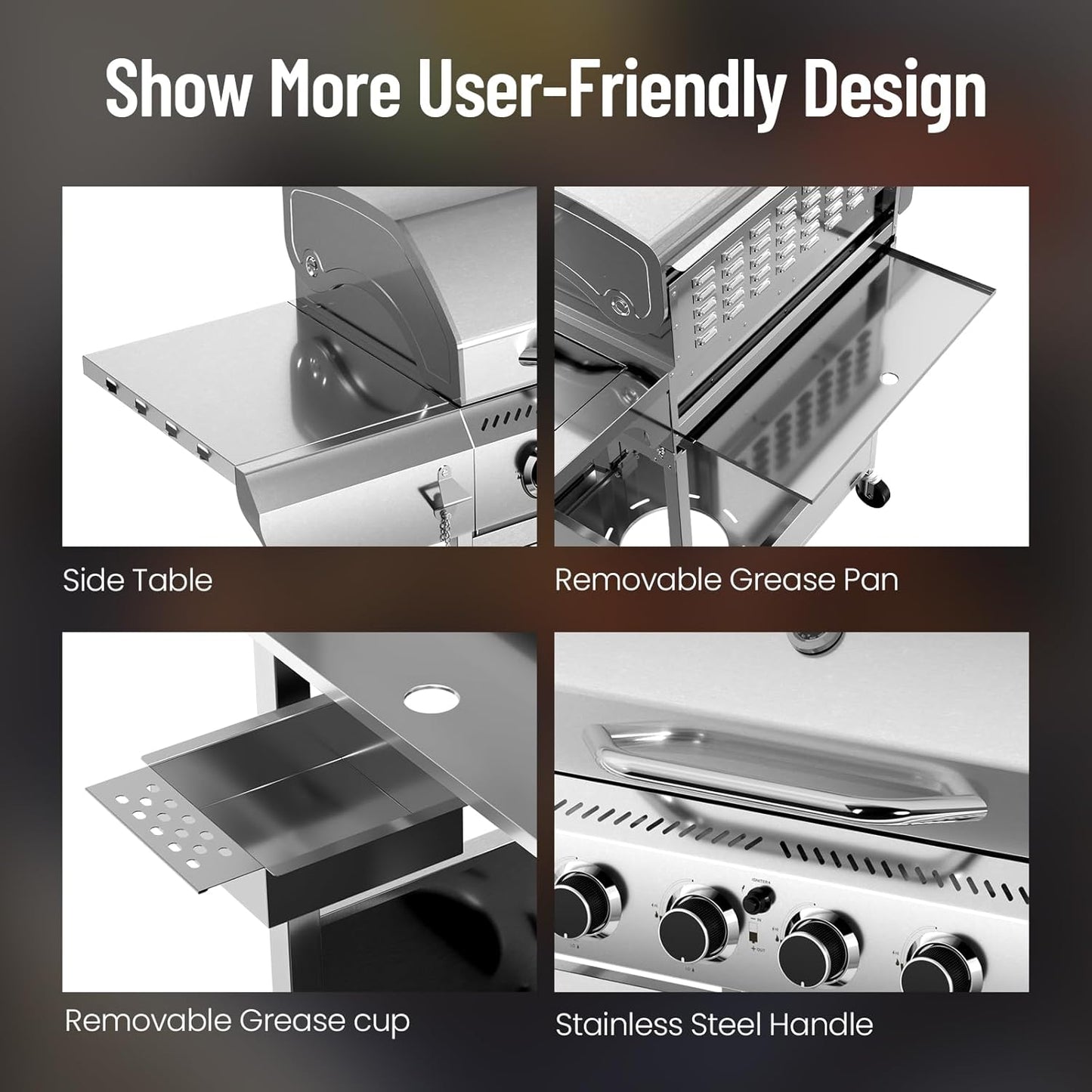 4-Burner BBQ Propane Gas Grill, 42,000 BTU Stainless Steel