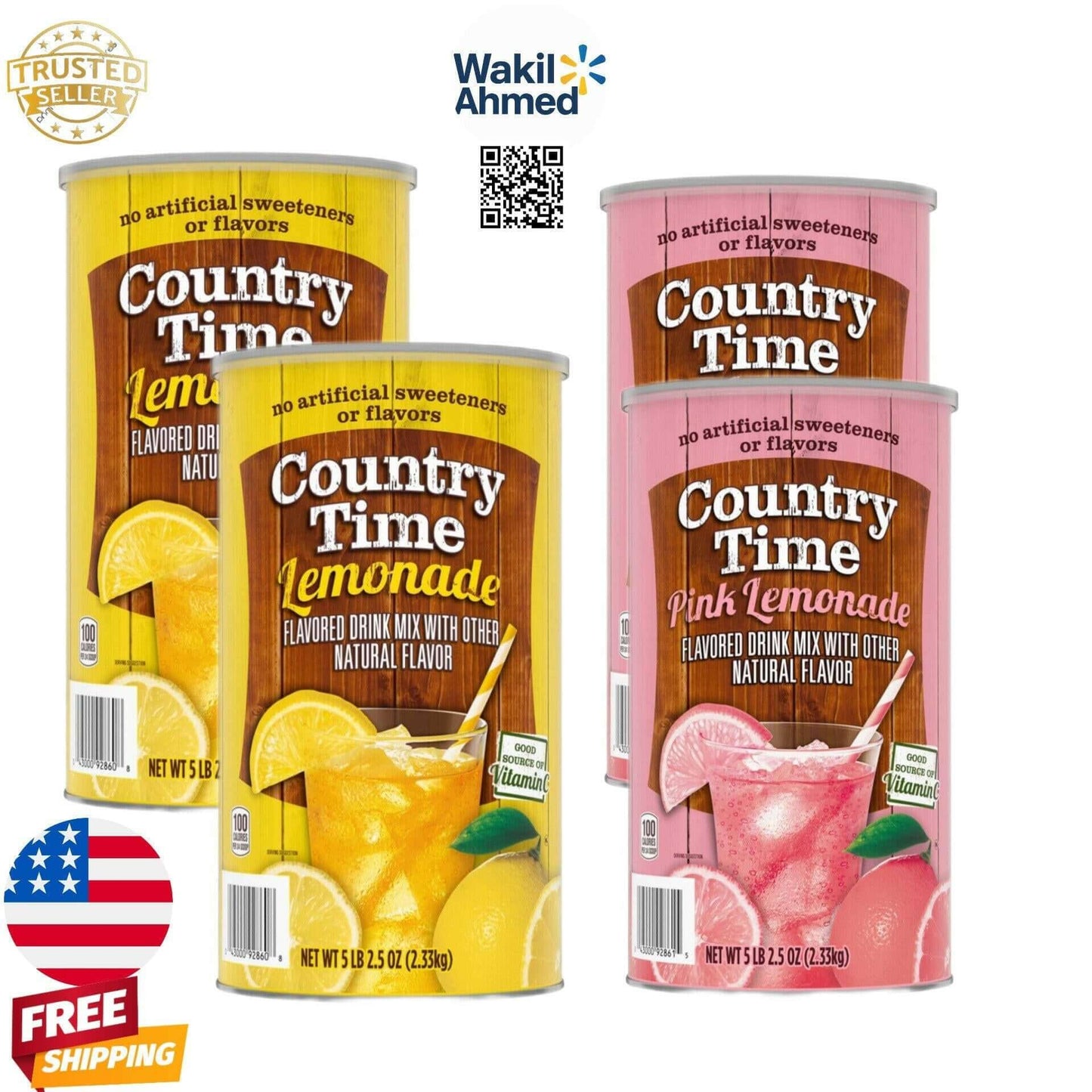 (4 Pack) Country Time Lemonade & Pink Lemonade Drink Mix Combo - 2 Canisters (82.5 oz Each) | Naturally Flavored | No Artificial Sweeteners