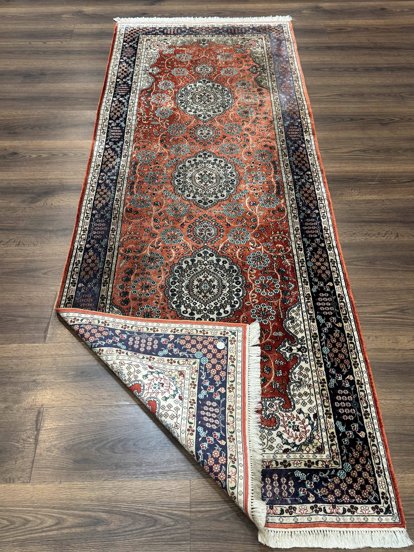 Turkish Silk Runner Rug 3x8, Short Runner Rug, Red, Floral Medallions