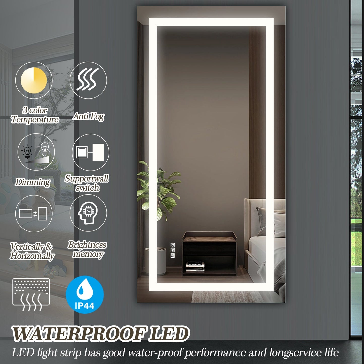LED Bathroom Mirror 72x36 Inch with lights, anti-Fog & Dimming Led