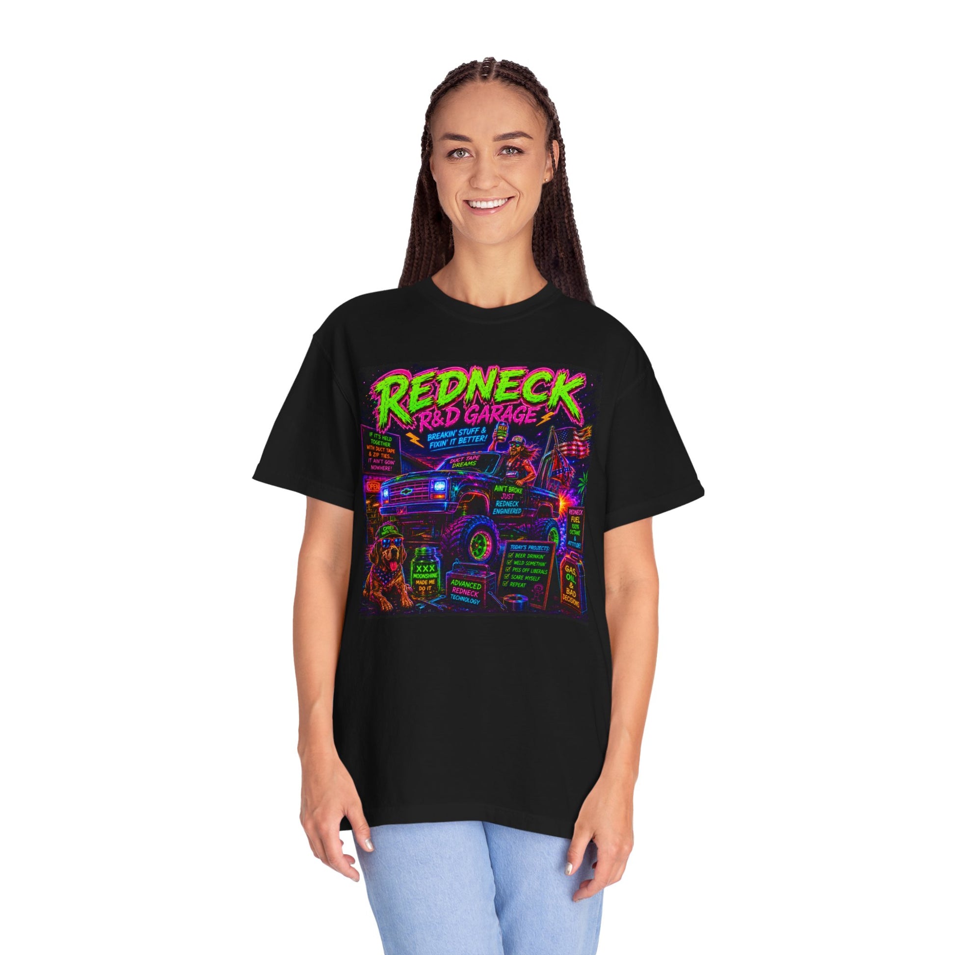 Vintage Garment-Dyed T-Shirt #13 in black featuring colorful "Redneck Garage" graphic on the front, model wearing it.
