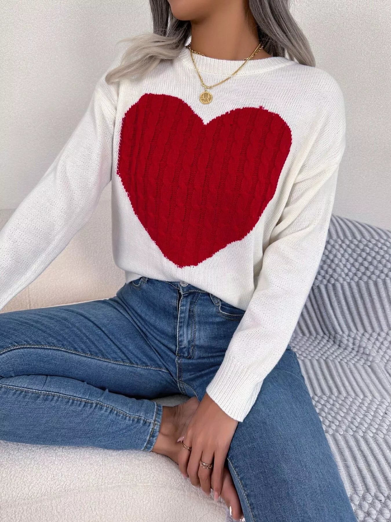 Cable Knit Heart Round Neck Sweater