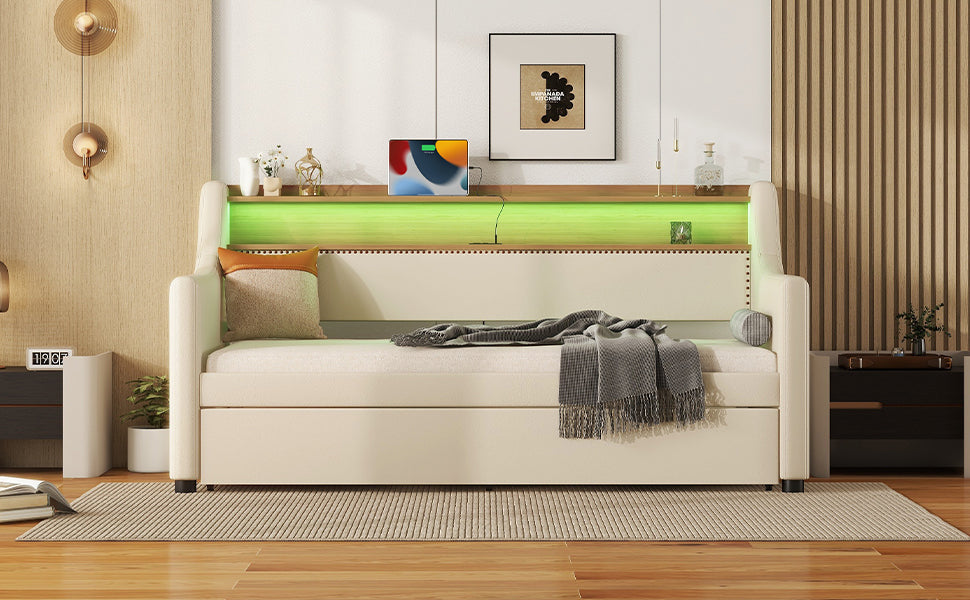 Twin Size Daybed with Trundle, Upholstered Daybed with Charging Station