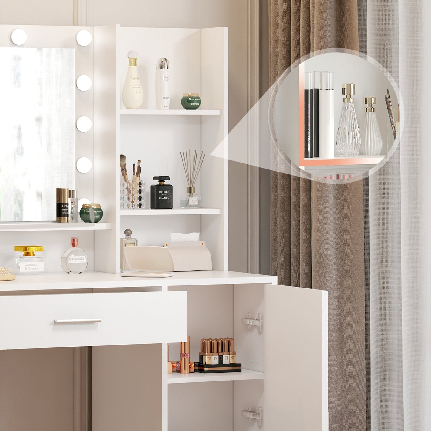 Large drawer with mirror and light, three-layer storage vanity, adjustable brightness
