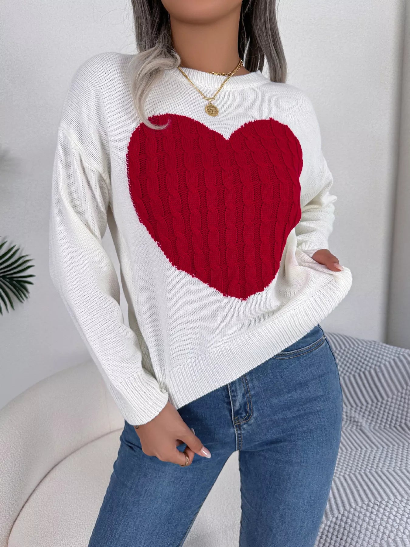 Cable Knit Heart Round Neck Sweater