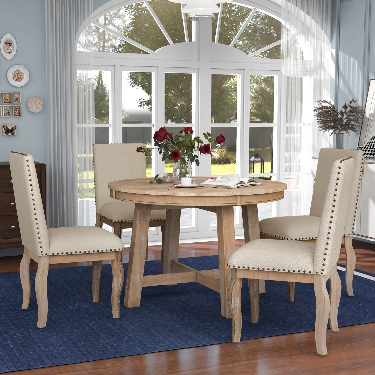 TREXM 5-Piece Farmhouse Dining Table Set Wood Round Extendable Dining Table