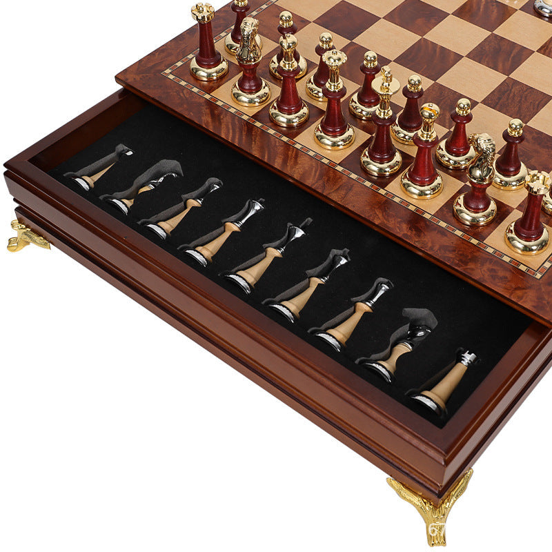 Luxury metal+solid wood tabletop for easy storage Chess set