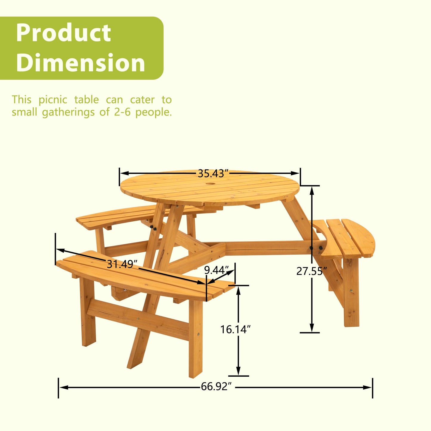 6-Person Circular Outdoor Wooden Picnic Table for Patio