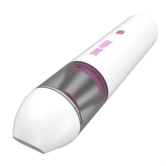 Compact MINI VACUUM in white and pink, featuring a sleek design with a transparent dust container and a power button.