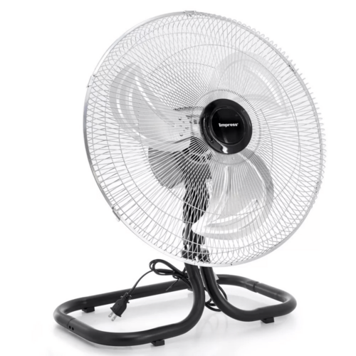 Impress 18-Inch 2-in-1 Chrome Hi-Speed Industrial Oscillating Fan with a sturdy black base and chrome wire frame.