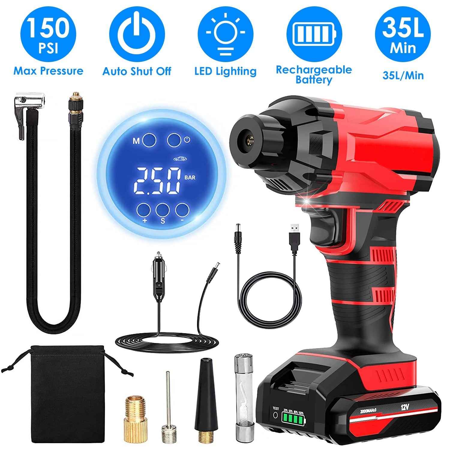 Cordless Car Tire Pump Portable Inflator with LED Light