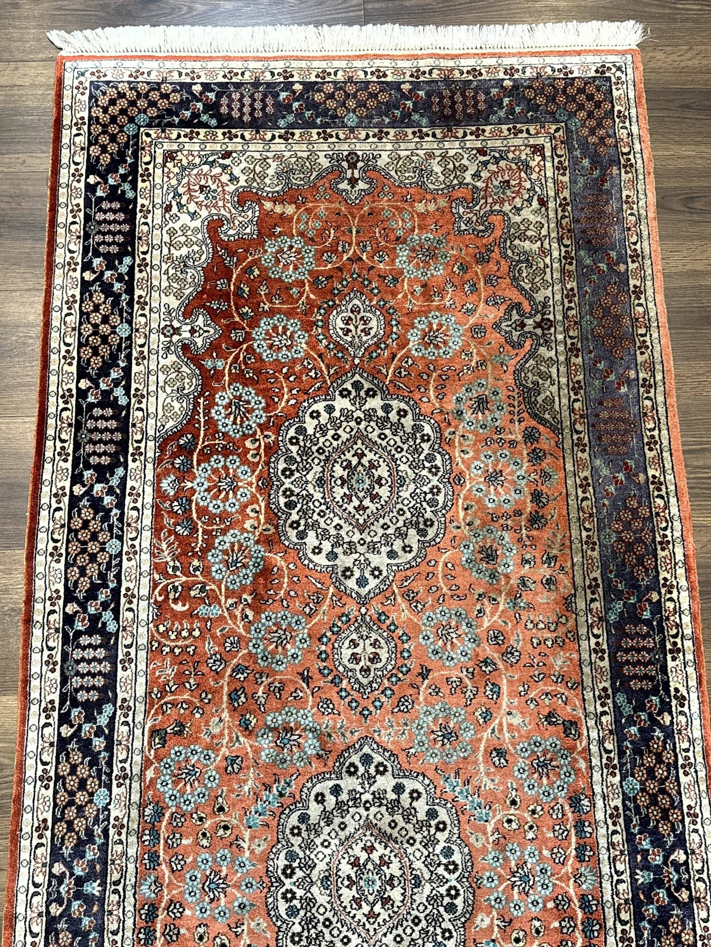Turkish Silk Runner Rug 3x8, Short Runner Rug, Red, Floral Medallions