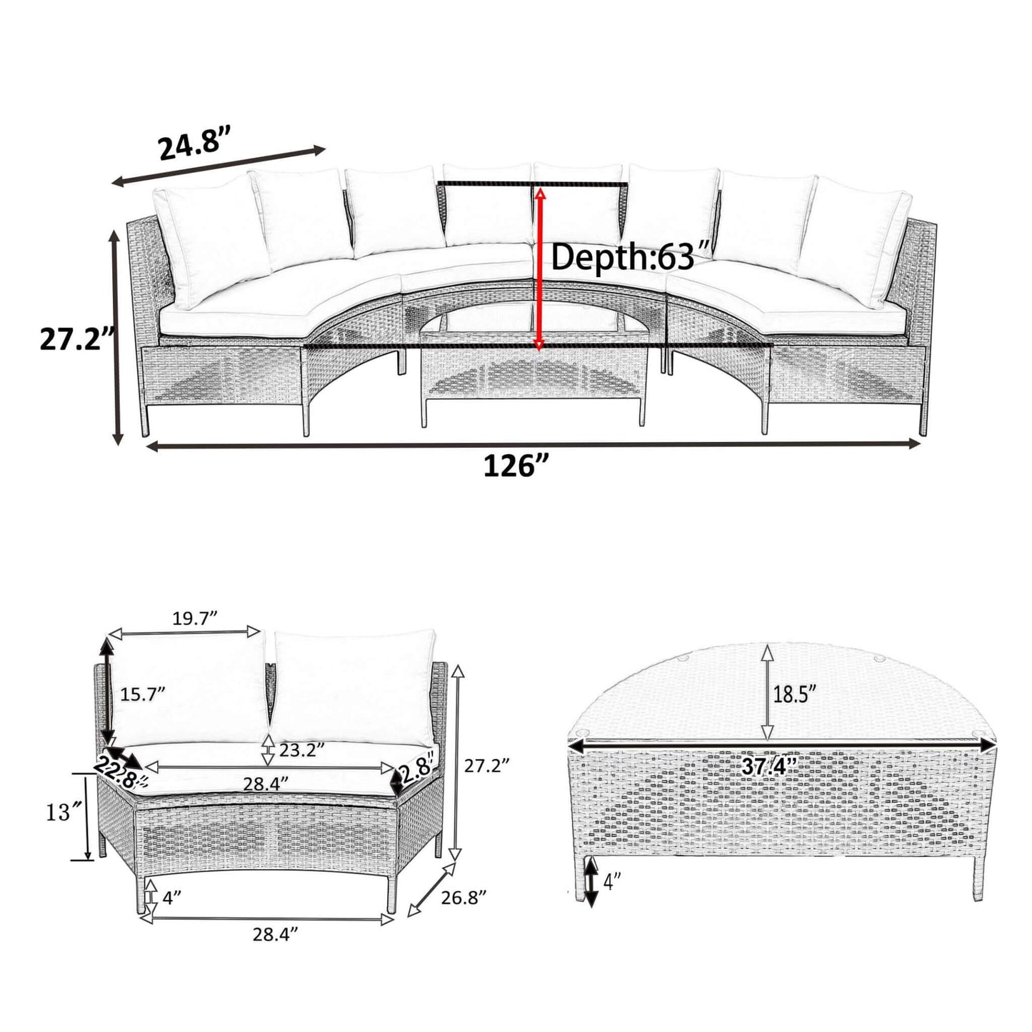 Premium 5-Piece All-Weather Half-Moon Outdoor Rattan Wicker Patio Sectional Sofa