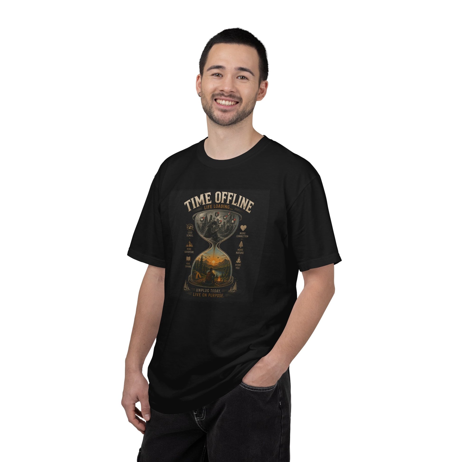 Relaxed black Time Offline T-Shirt featuring an hourglass graphic, promoting digital detox. Ideal for casual wear.