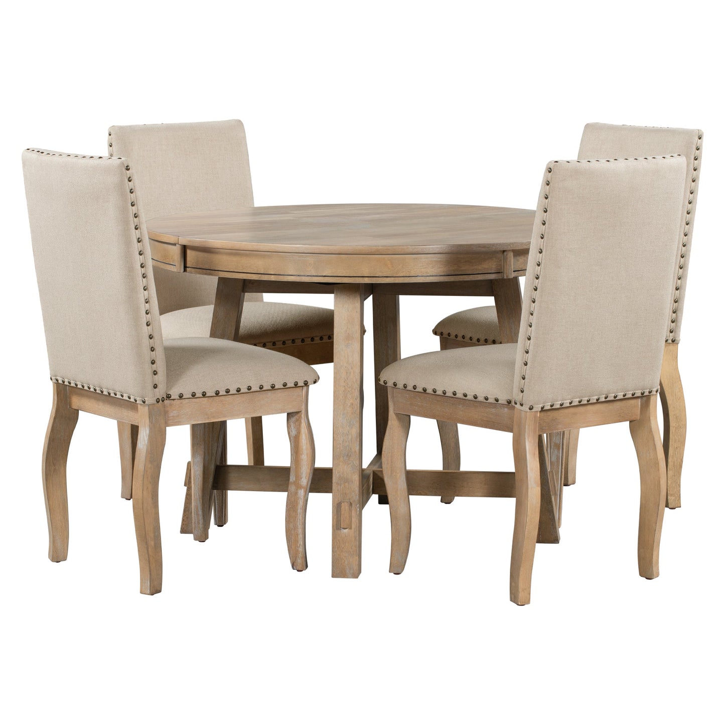 TREXM 5-Piece Farmhouse Dining Table Set Wood Round Extendable Dining Table
