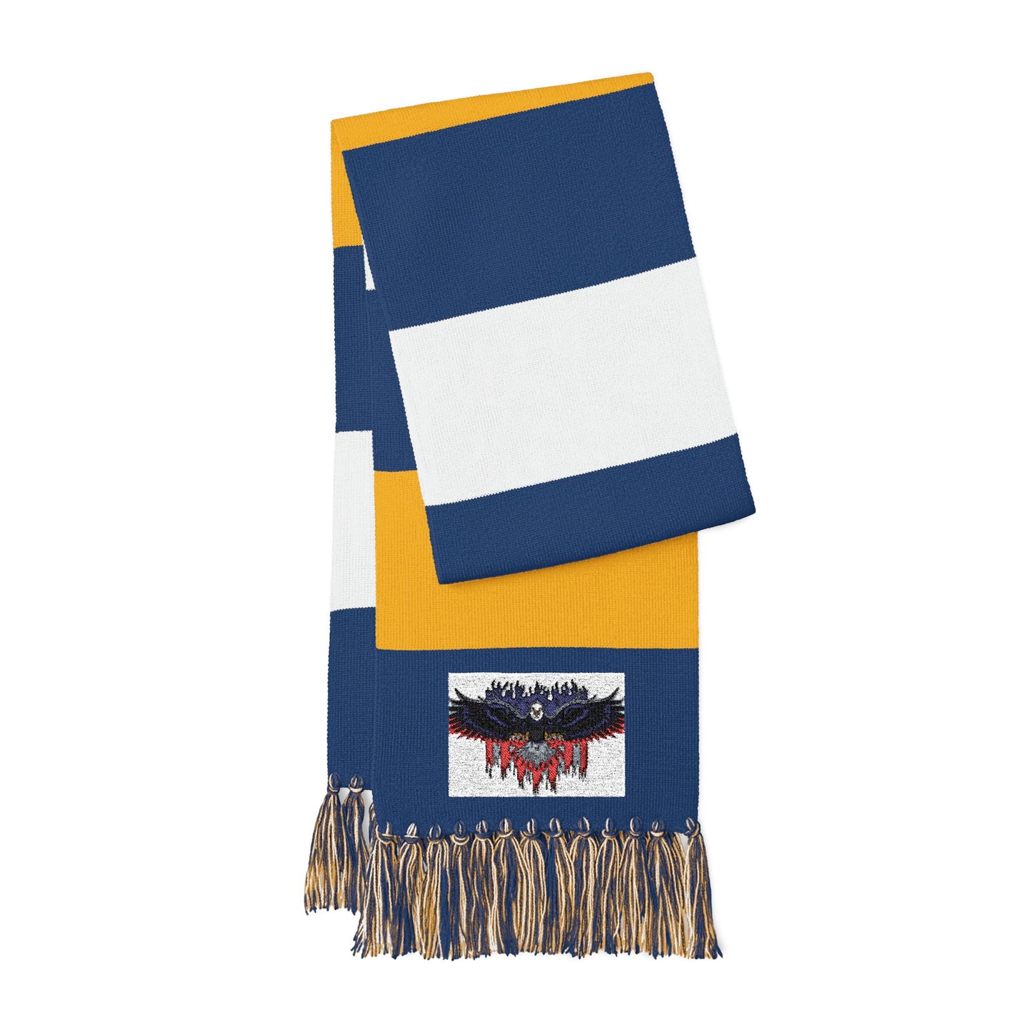 Spectator Scarf featuring bold navy, yellow, and white stripes with an embroidered eagle design and fringed ends.