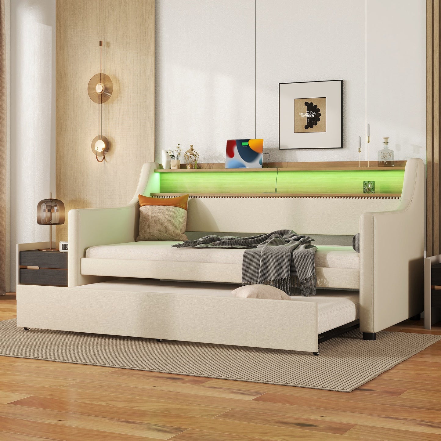 Twin Size Daybed with Trundle, Upholstered Daybed with Charging Station