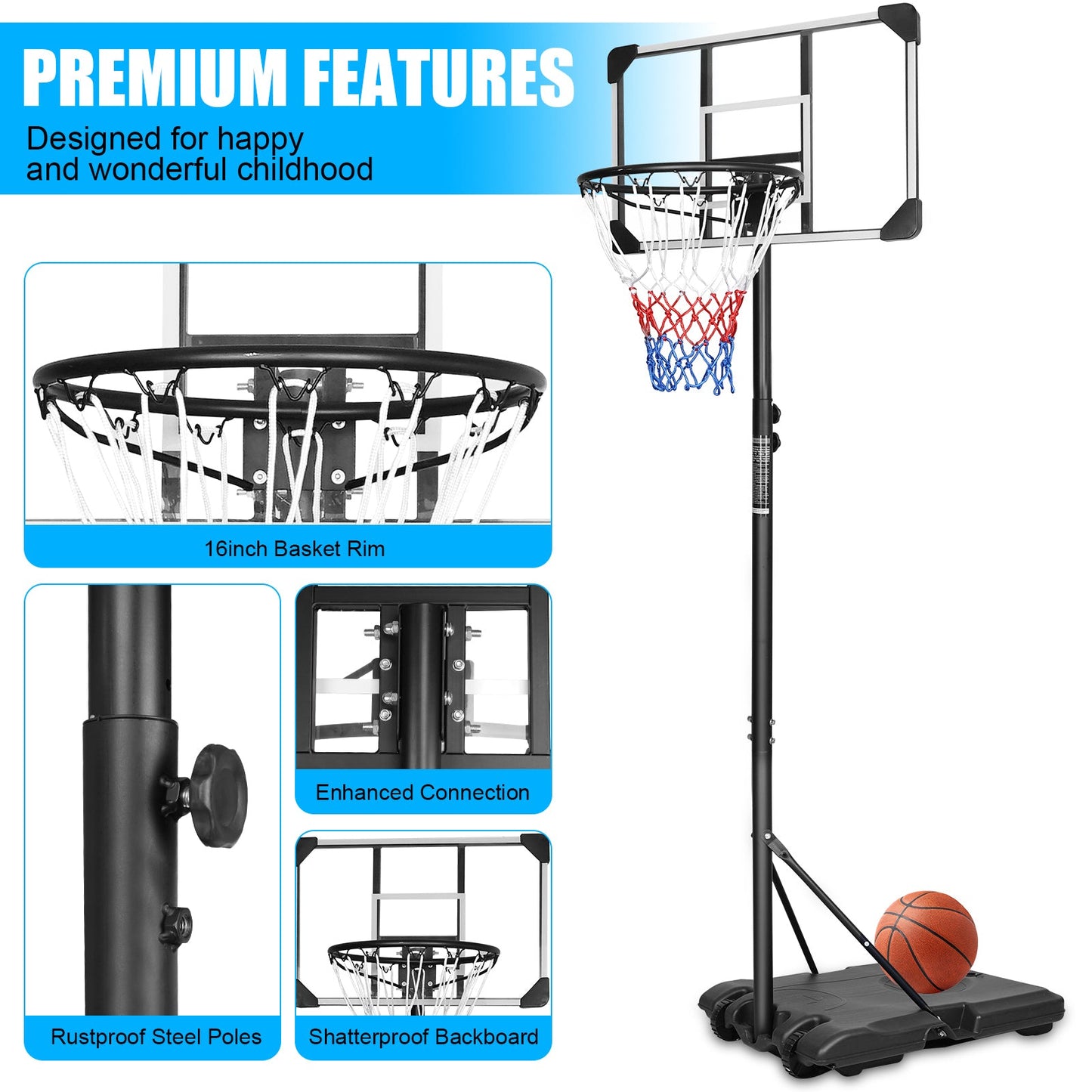 Portable Basketball Goal System with Stable Base and Wheels