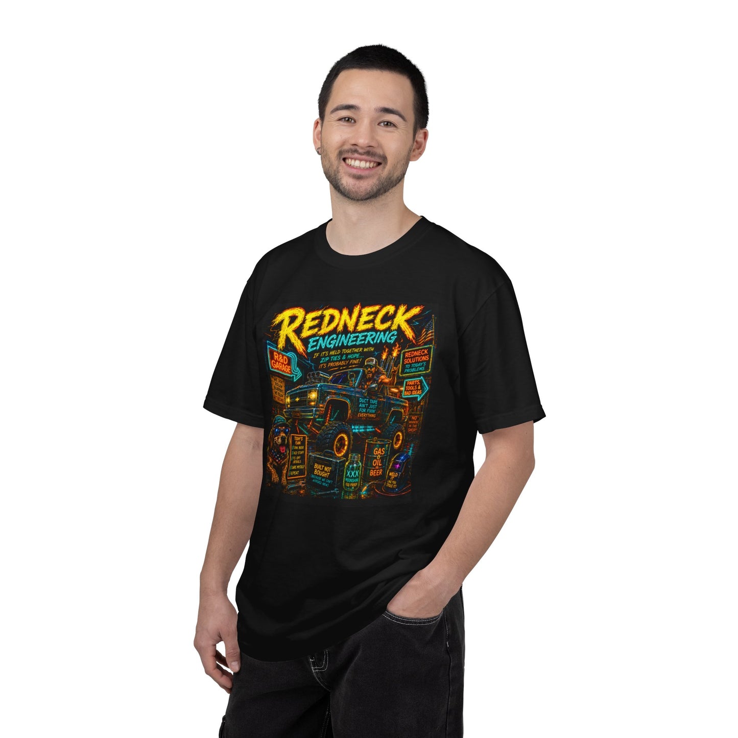 Vintage Garment-Dyed T-Shirt #14 featuring a colorful "Redneck Engineering" graphic on a black background.