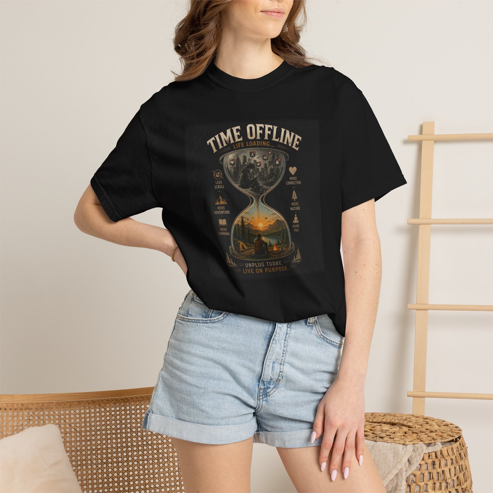 Relaxed black Time Offline T-Shirt featuring an hourglass graphic, perfect for promoting digital detox. Styled with denim sho