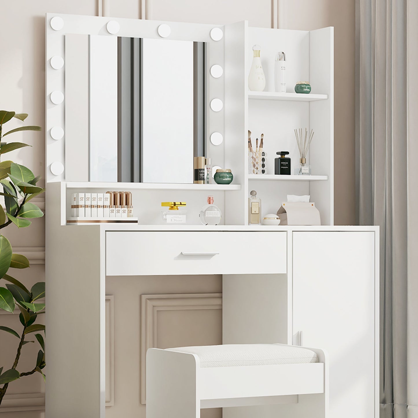 Large drawer with mirror and light, three-layer storage vanity, adjustable brightness