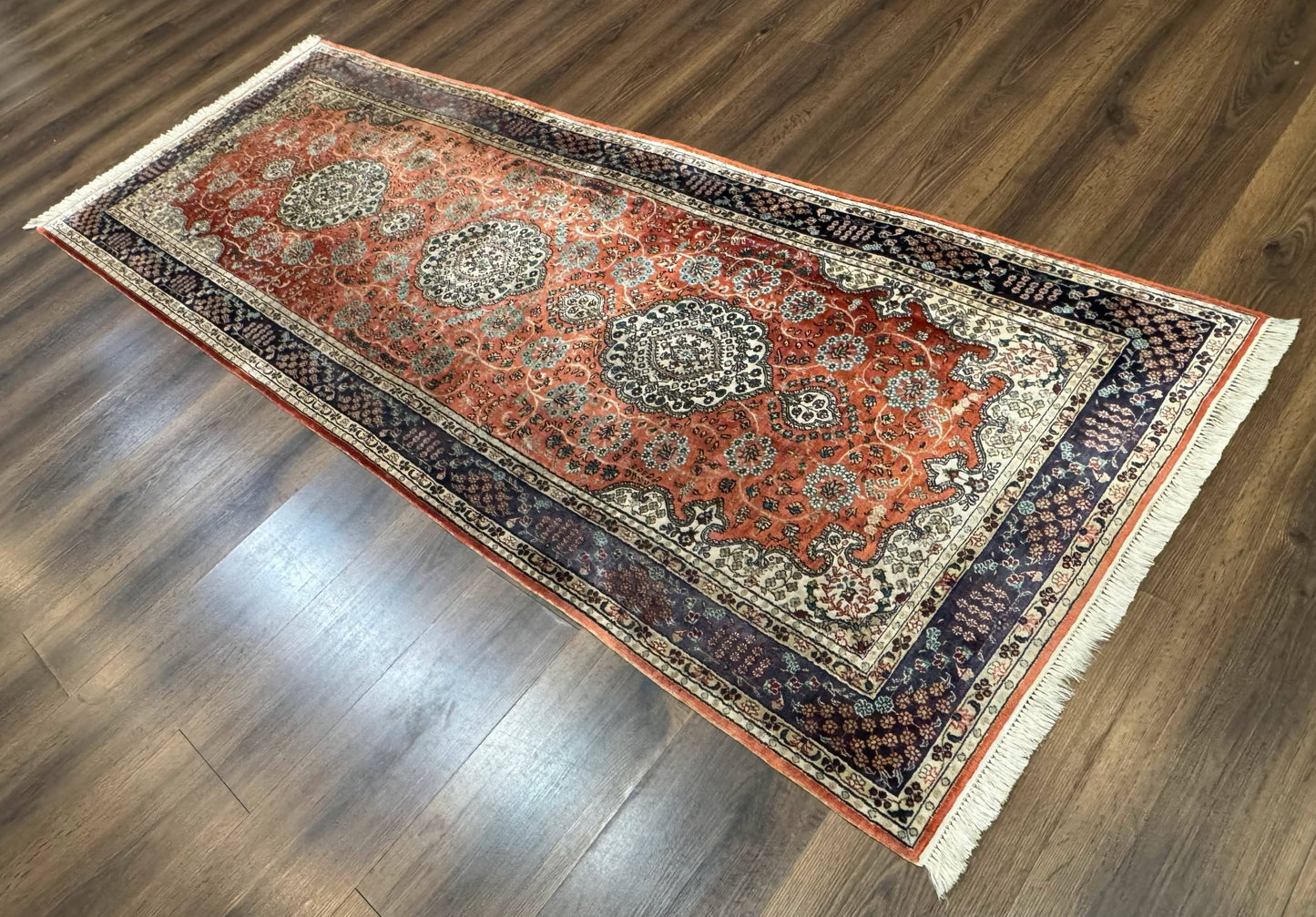 Turkish Silk Runner Rug 3x8, Short Runner Rug, Red, Floral Medallions