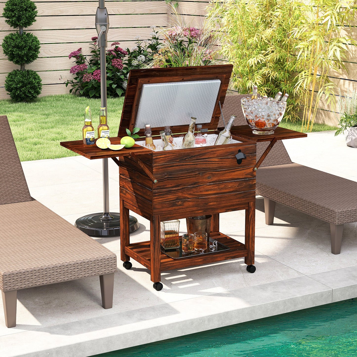 54 Quart Wooden Cooler Cart for Patio