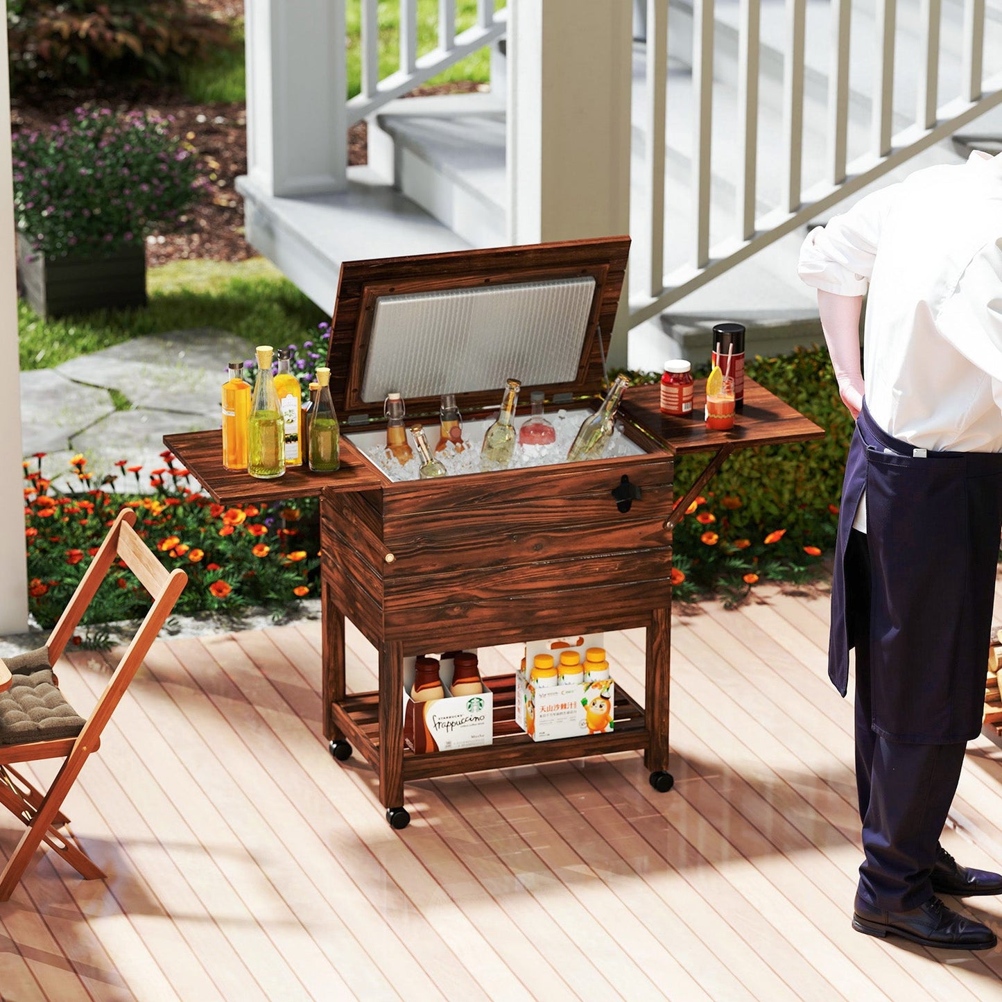 54 Quart Wooden Cooler Cart for Patio